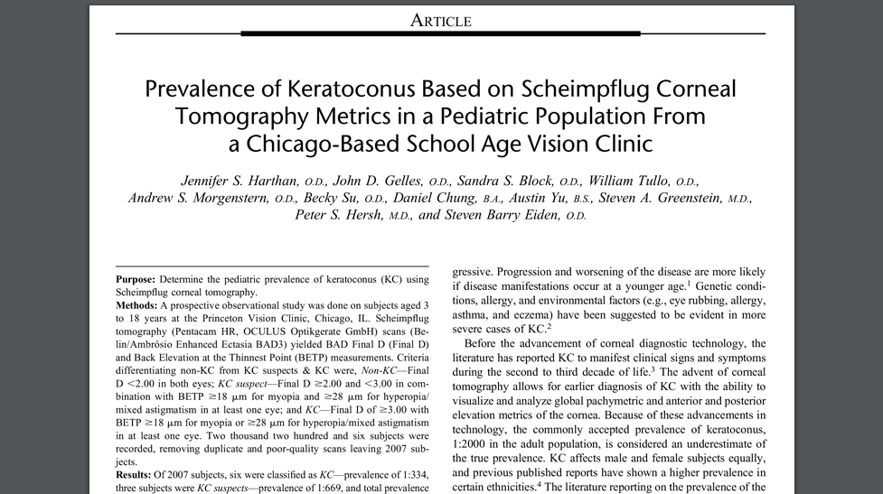 Prevalence of Keratoconus Based on Scheimpflug Corneal Tomography Metrics in a Pediatric Population
